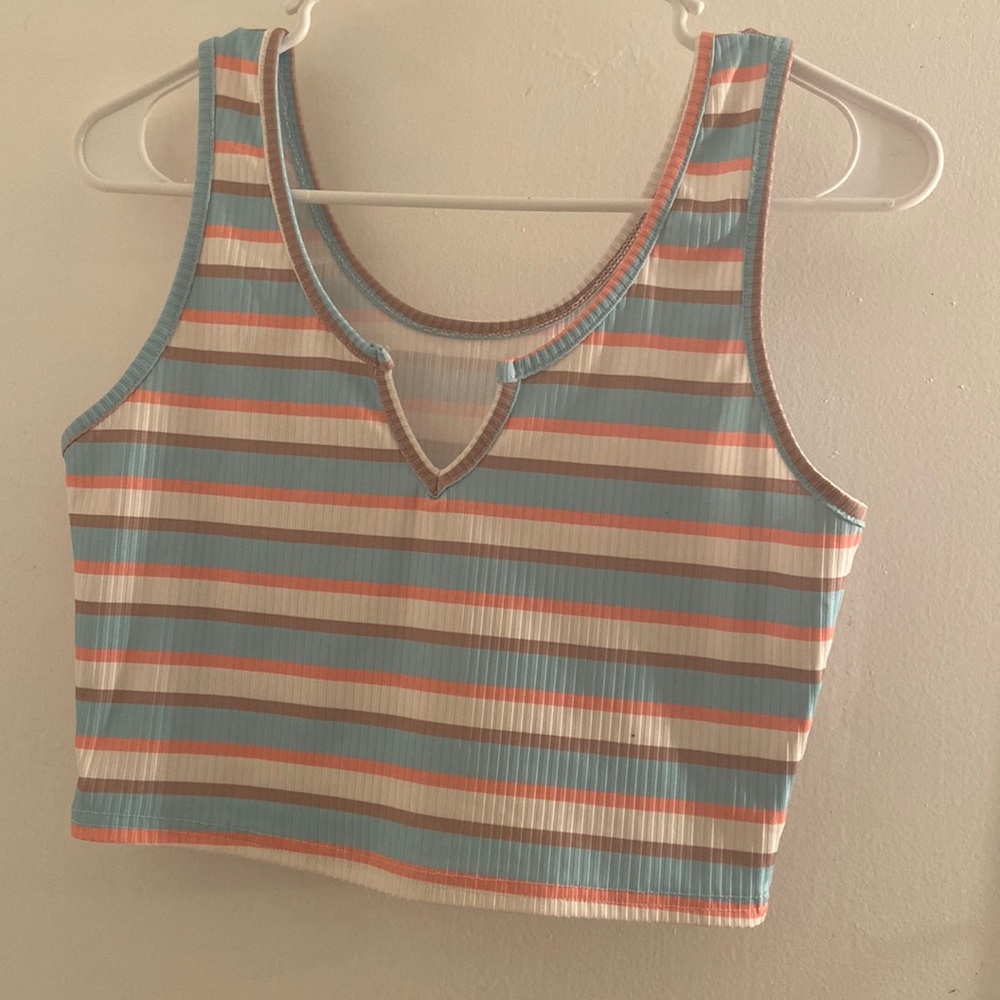 Striped tank top-crop top. Pink, brown, white, and blue.